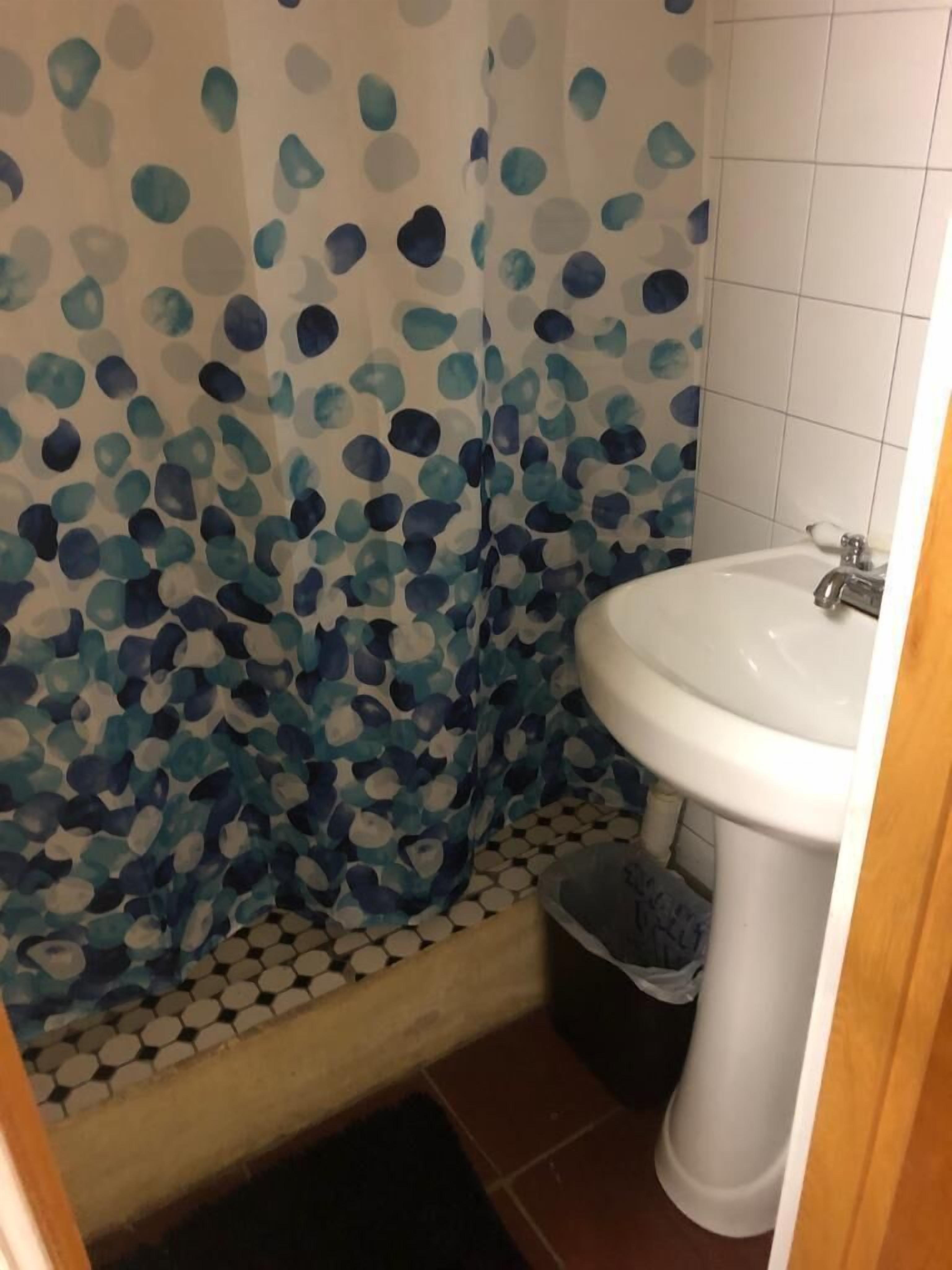 A bathroom with a shower curtain featuring a blue and green leaf pattern, a white sink, and a tiled floor.