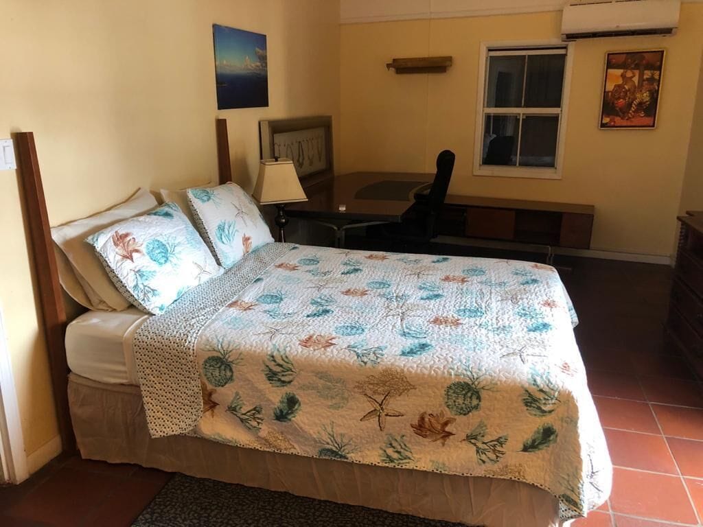 Un dormitorio con cama, escritorio y silla.