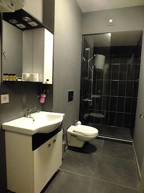 Slaapzaal | Badkamer | Een douche, gratis toiletartikelen, een haardroger, handdoeken
