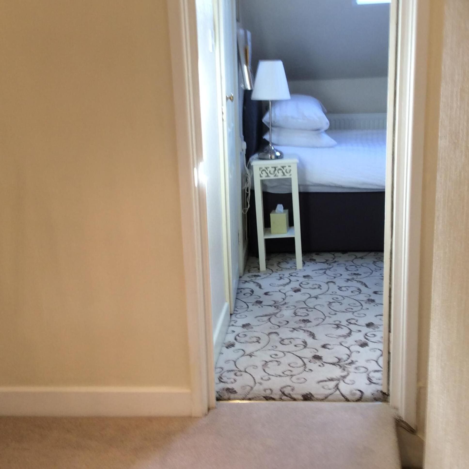 A narrow hallway leading to a bedroom with a patterned carpet, a bedside table with a lamp, and a bed with white bedding.