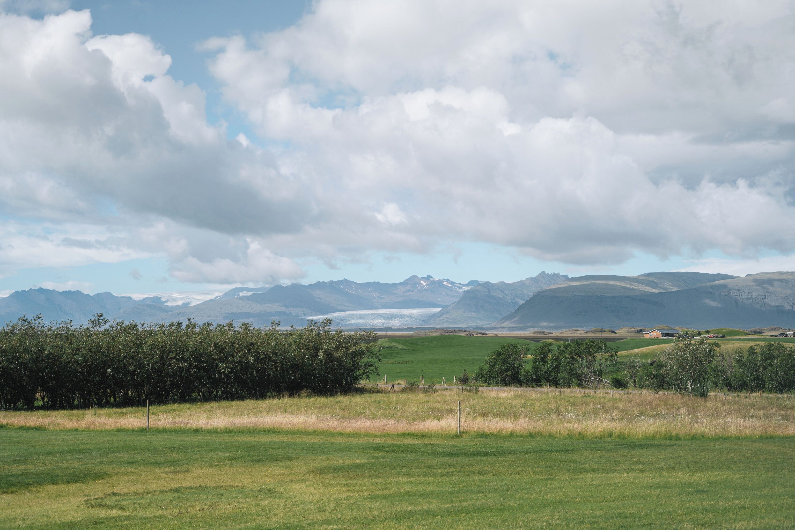 A rural landscape with a field, trees, and distant mountains.