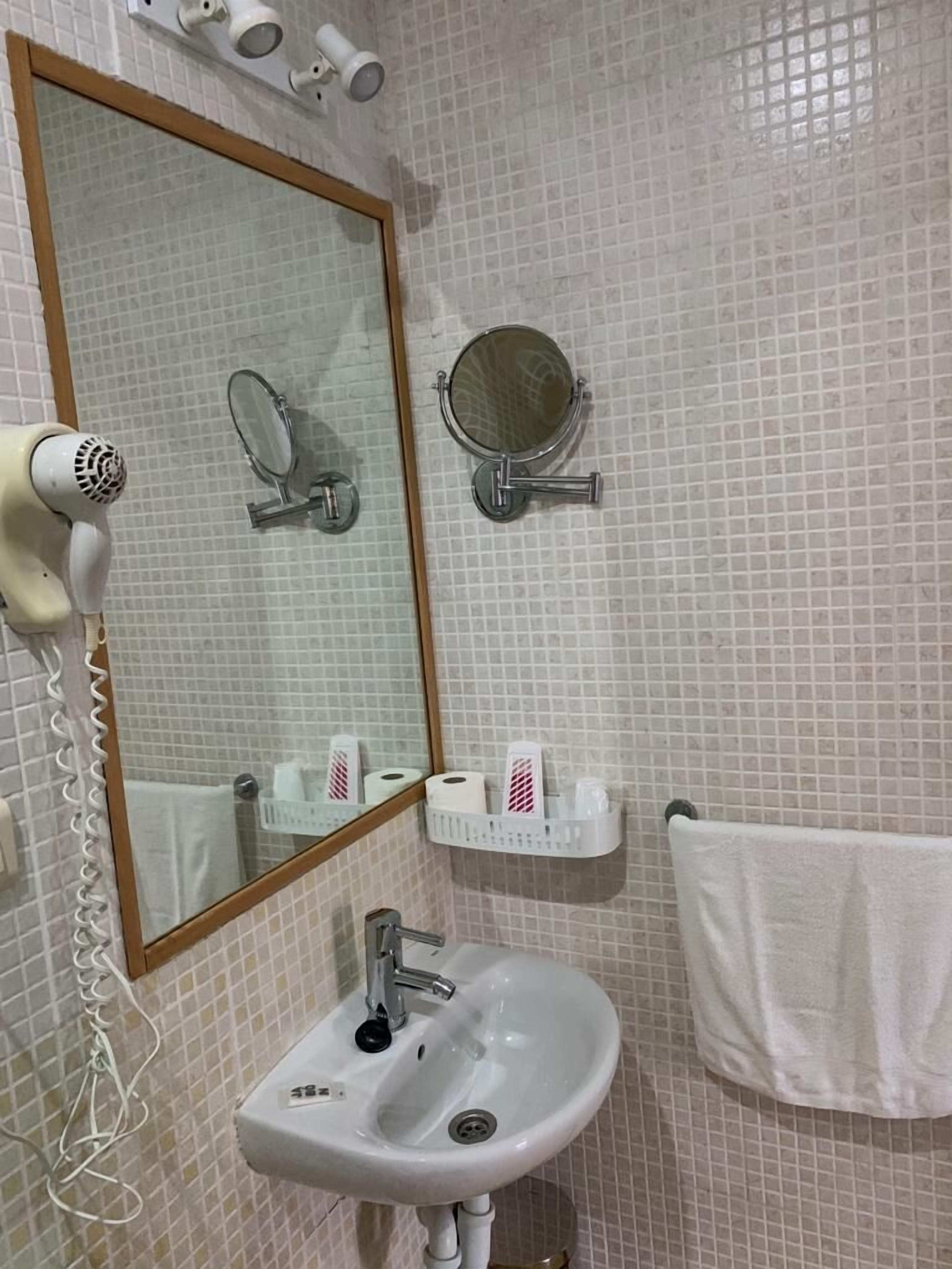 A bathroom with a white sink, a mirror, a hairdryer, and a towel rack.