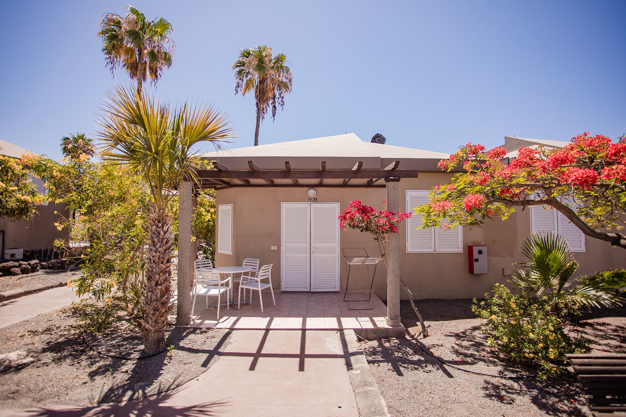 A building with a patio area, outdoor seating, and a small garden with palm trees and flowering plants.