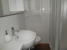 Shower, free toiletries, hair dryer, towels