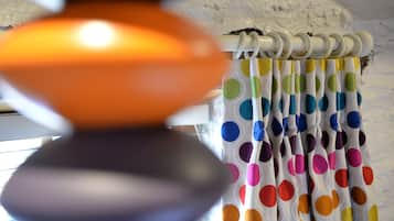 A curtain with a polka dot pattern.