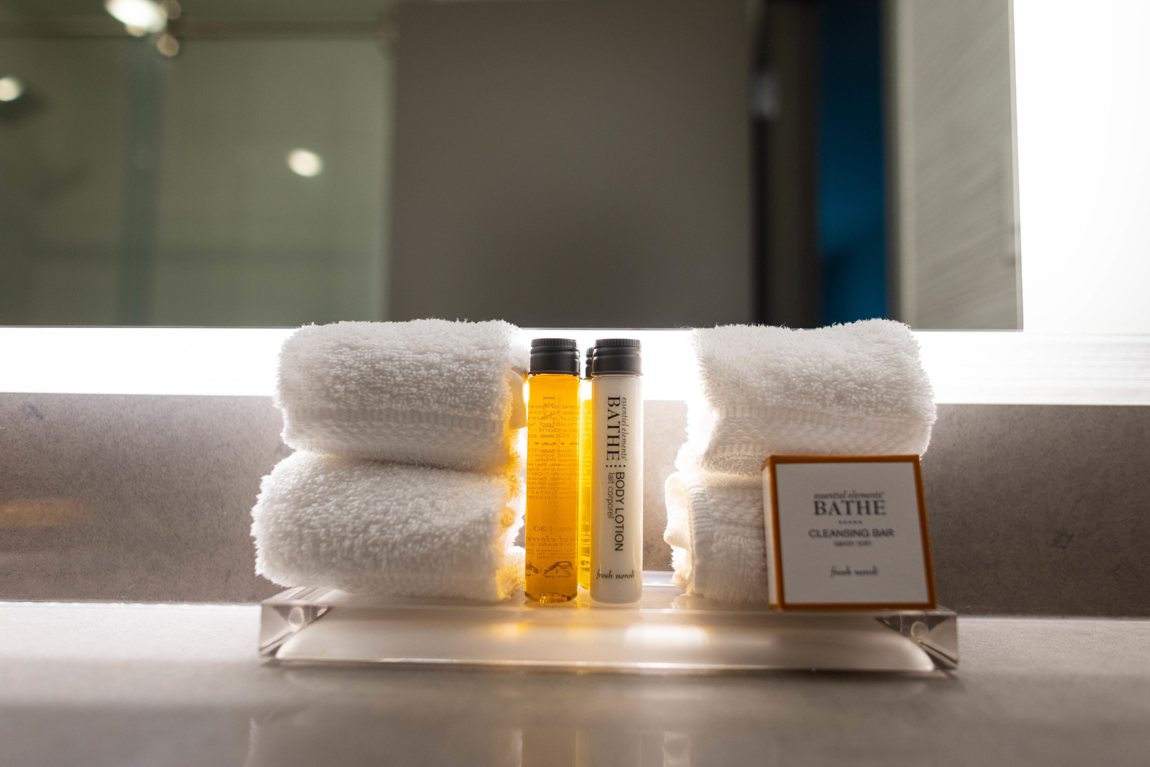 free toiletries, hair dryer, towels