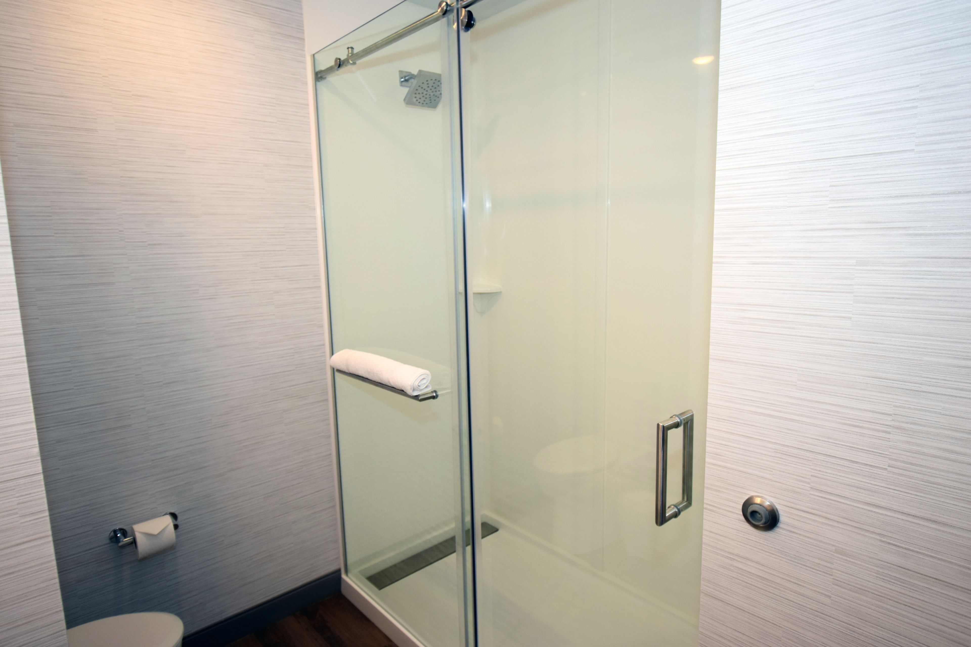 A modern bathroom with a glass shower enclosure, a toilet, and a towel rack.