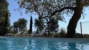 A clear swimming pool with lounge chairs and trees in the background. - Chambres D'hôtes Mas D'eymard (Arles)