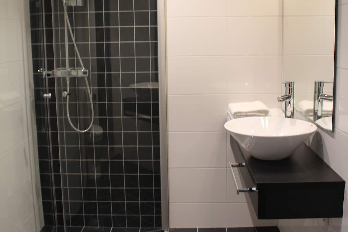 shower, hair dryer, heated floors, towels