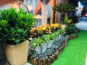 A row of potted plants with a variety of foliage, arranged in a tiered planter design. - Holiday Inn Express Chengdu Tianhe by IHG (Chengdu)