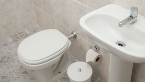 A bathroom with a toilet, sink, and toilet paper holder.
