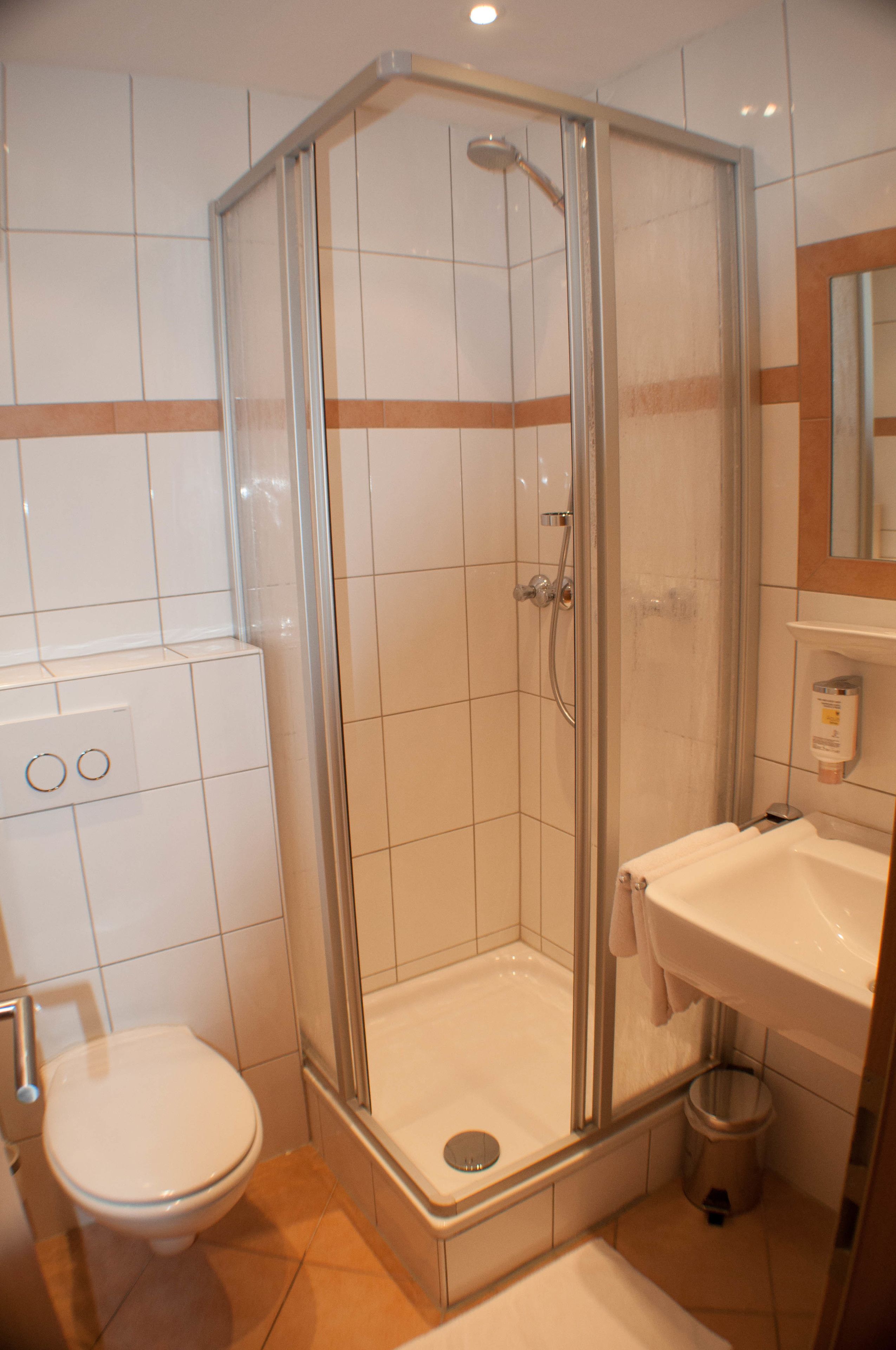 Ein modernes Badezimmer mit einer Duschkabine, einer weißen Toilette und einem Waschbecken mit Spiegel darüber.
