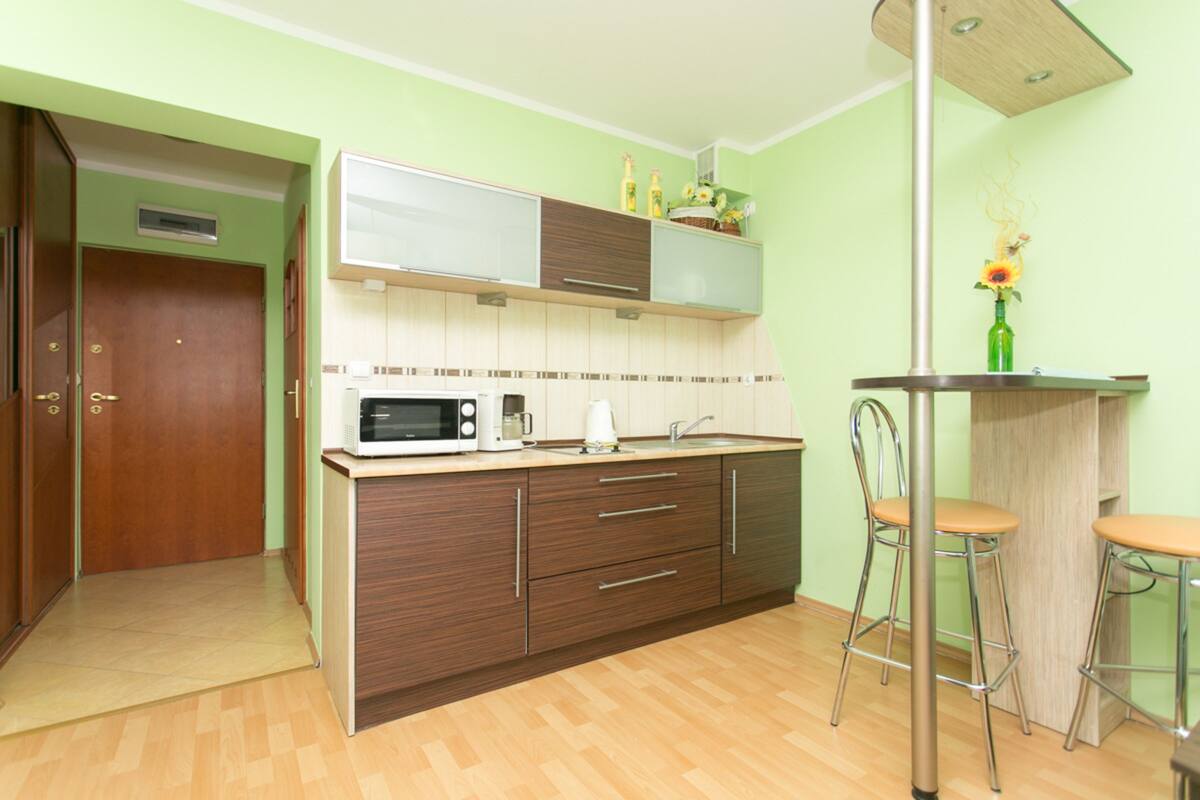 Apartment, Balkon (01) | Eigene Kochnische | Kühlschrank, Mikrowelle, Herdplatte, Wasserkocher mit Kaffee-/Teezubehör