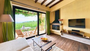 A living room with a fireplace, a TV, and a view of a vineyard. - Zornitza Family Estate (Zornitza)