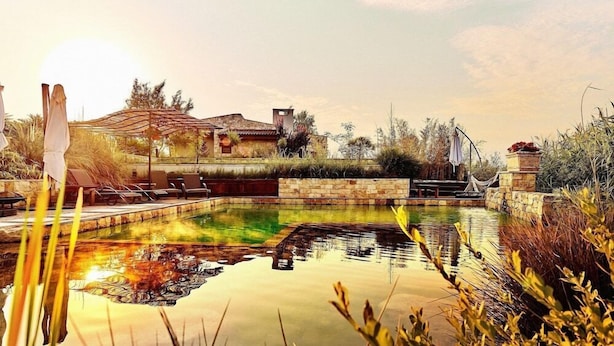 A pool area with lounge chairs, a stone wall, and a building with a tiled roof. - Zornitza Family Estate (Zornitza)