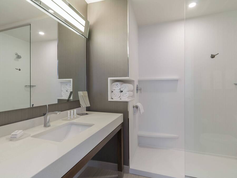 A modern bathroom with a double sink, a large mirror, and a glass-enclosed shower area.