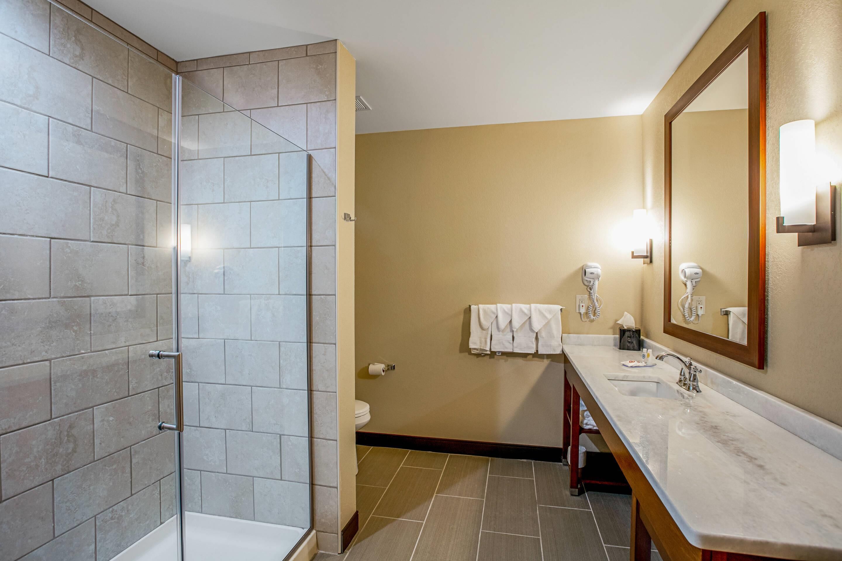 A modern bathroom with a glass shower enclosure, a sink with a mirror, and a toilet.