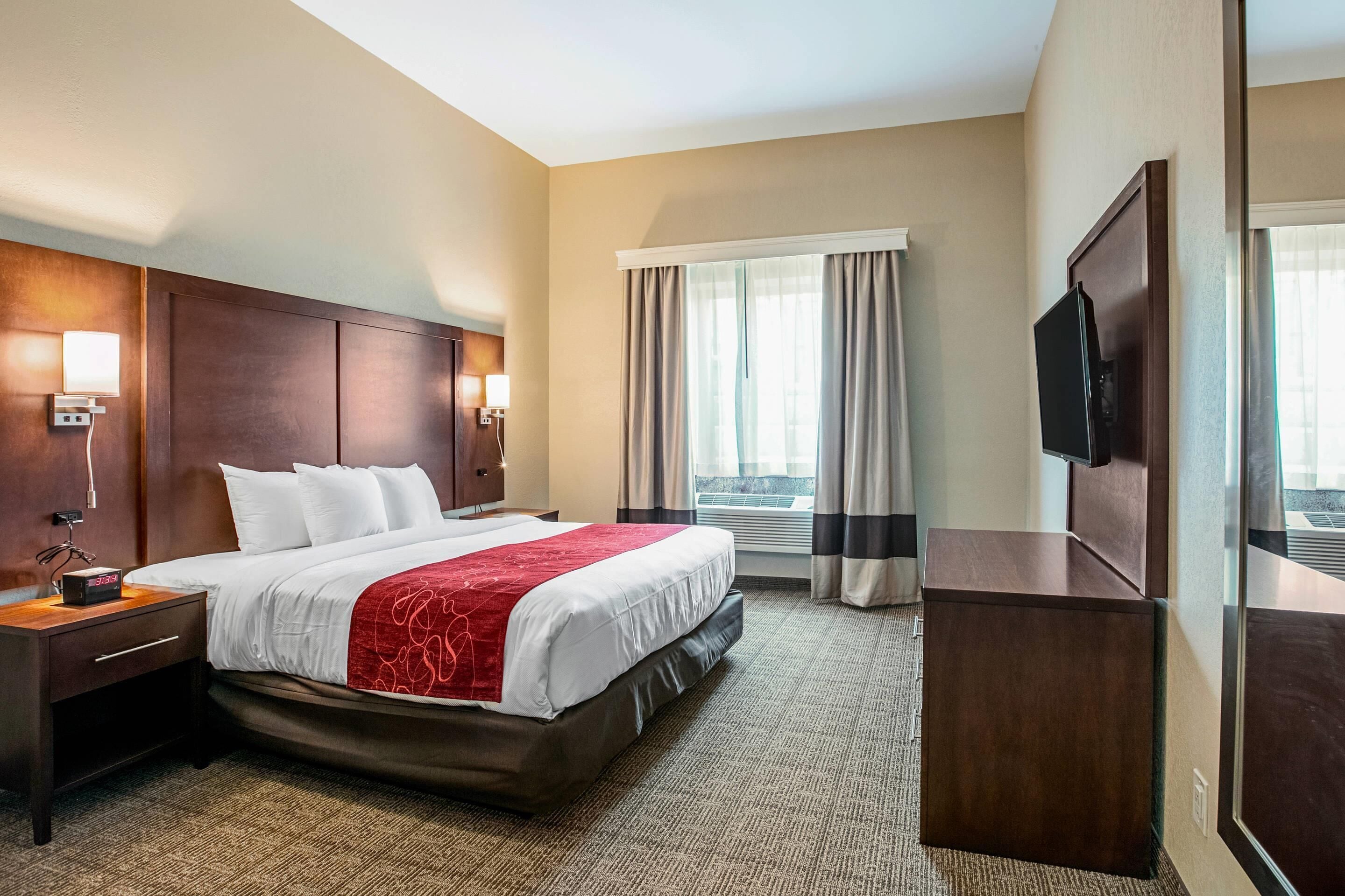 Une chambre d’hôtel avec un grand lit, une table de chevet avec une lampe, un téléviseur fixé au mur et une fenêtre avec des rideaux.