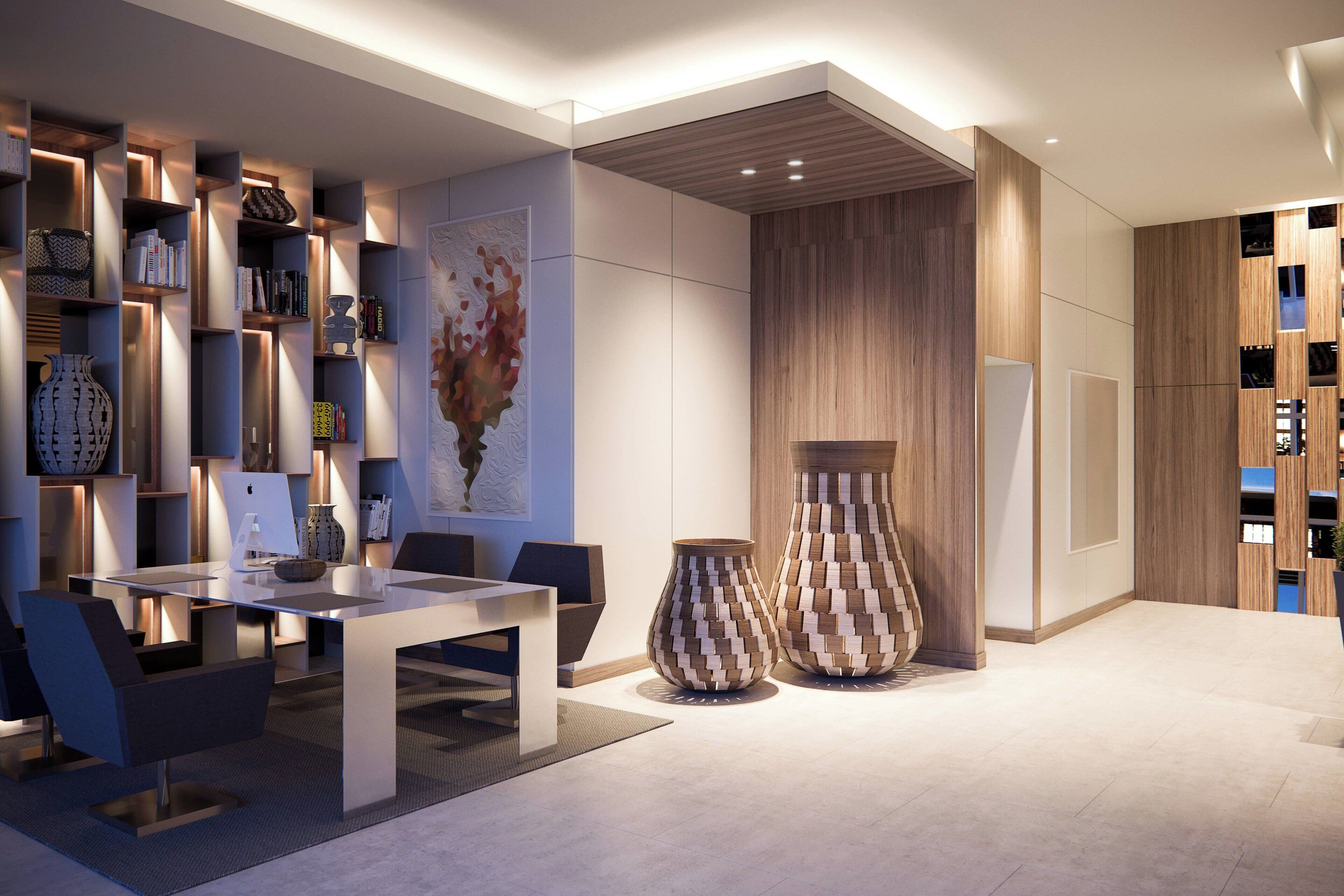 Een modern interieur met een eethoek, boekenkasten en decoratieve vazen.