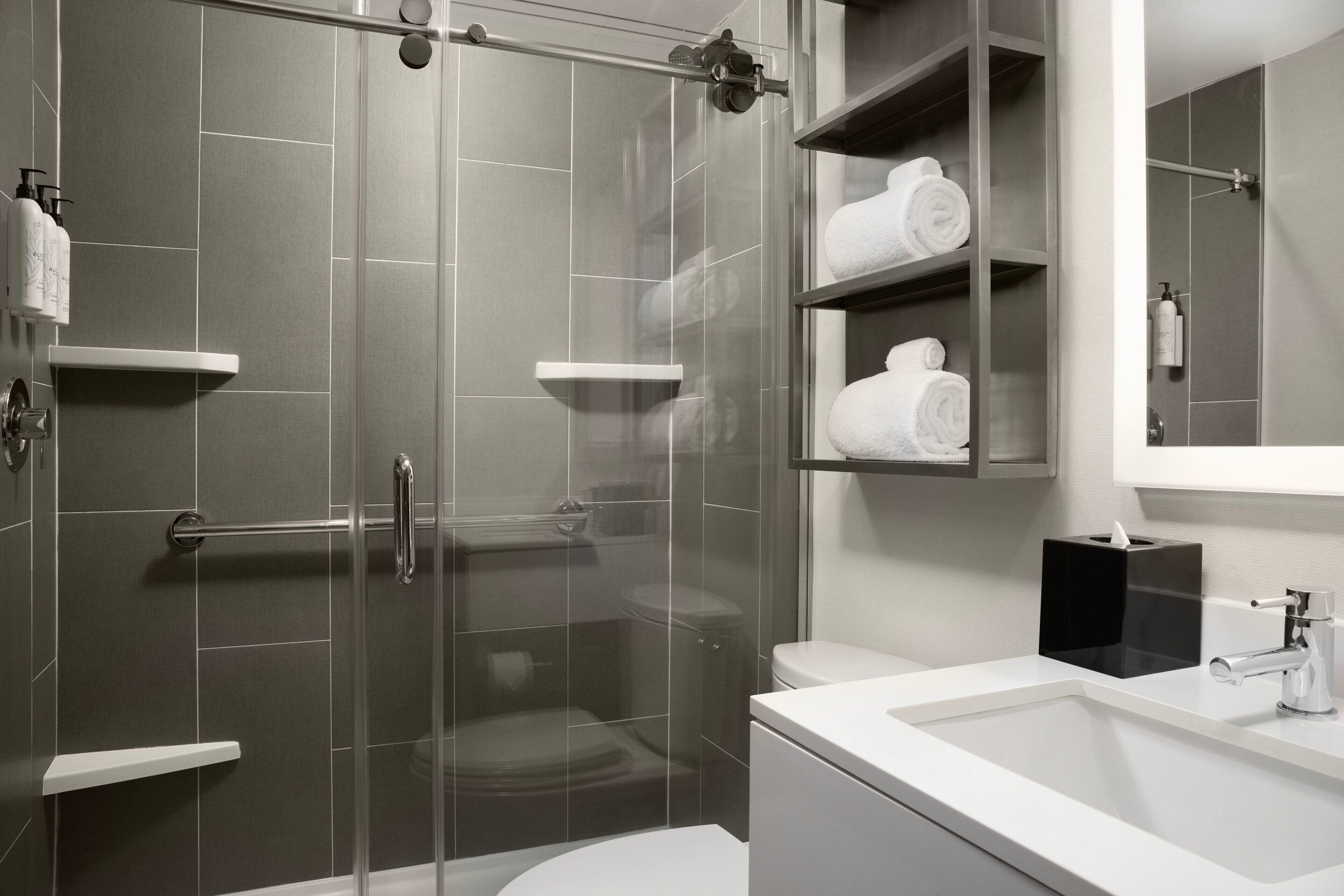 Shower, free toiletries, hair dryer, towels