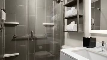 Shower, free toiletries, hair dryer, towels