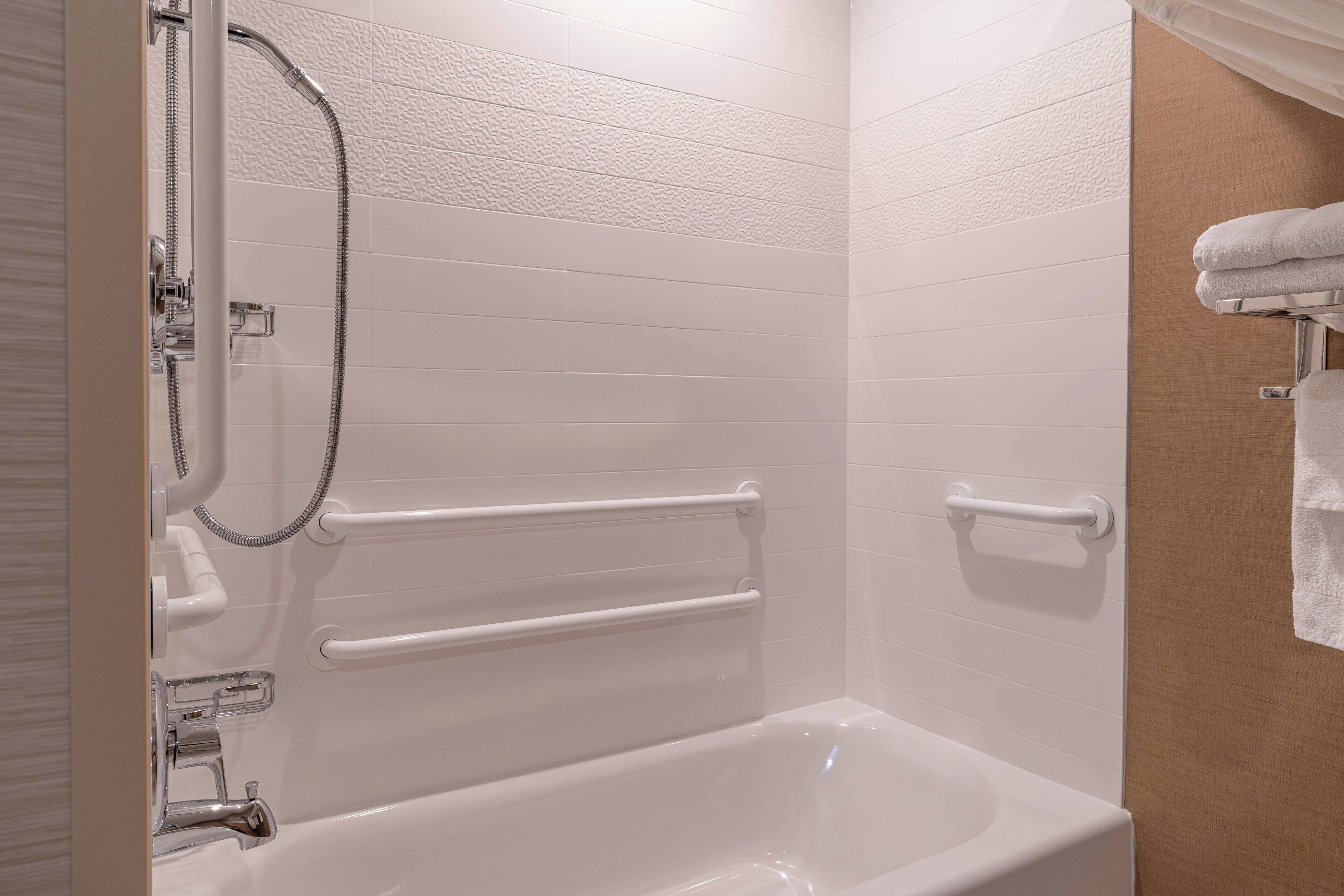 separate bathtub and shower, free toiletries, hair dryer, towels