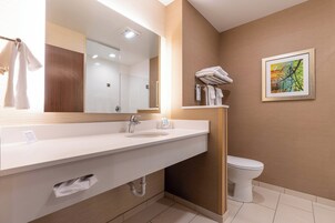 Un baño moderno con un espejo grande, un lavamanos y un inodoro.
