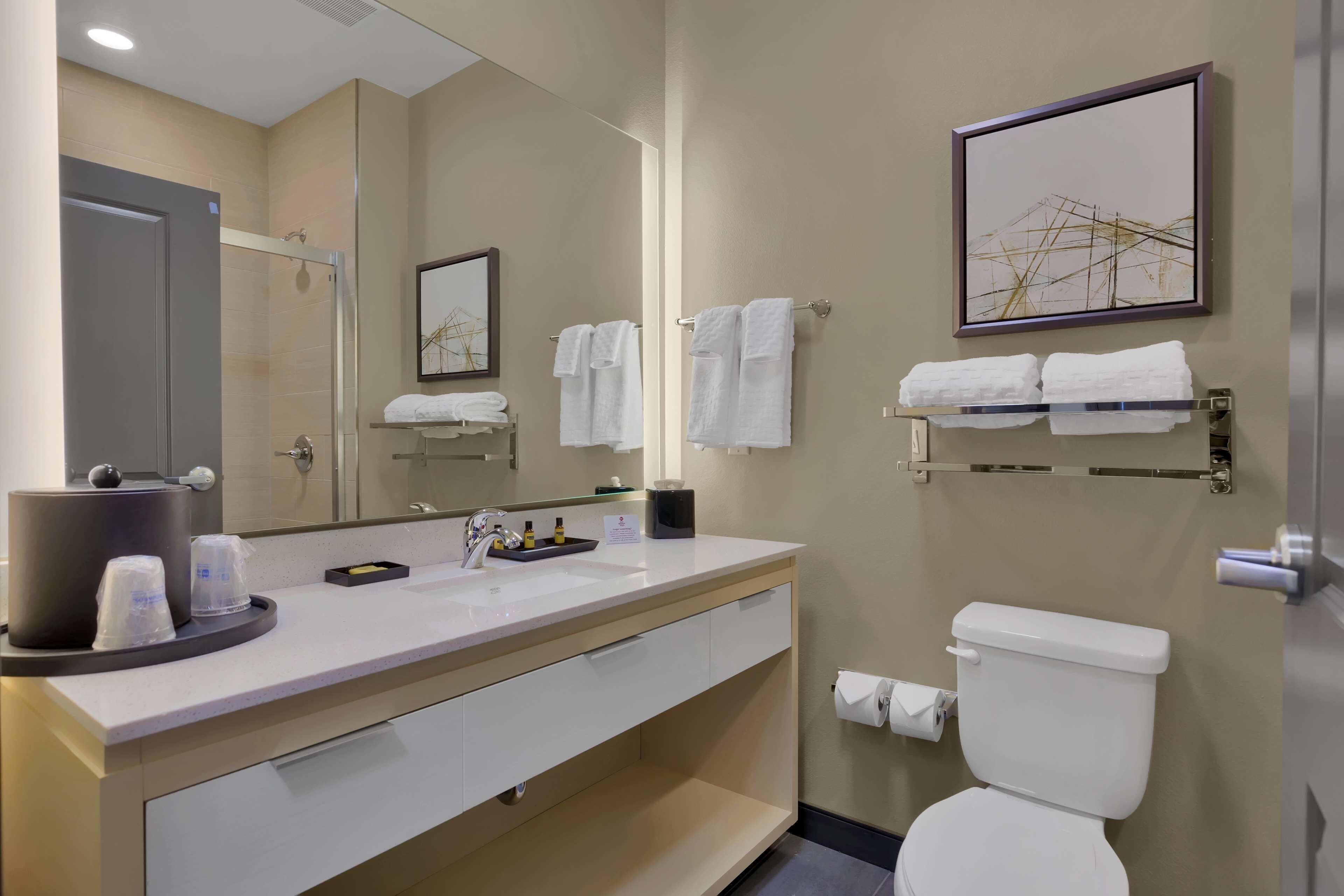 A modern bathroom with a white sink, a toilet, and a shower area. There are towels hanging on a rack and a framed picture on the wall.