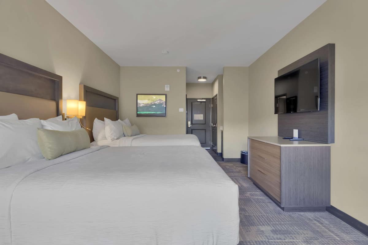Ein Hotelzimmer mit zwei Betten, einem Schreibtisch, einem Fernseher und einer Tür zum Flur.