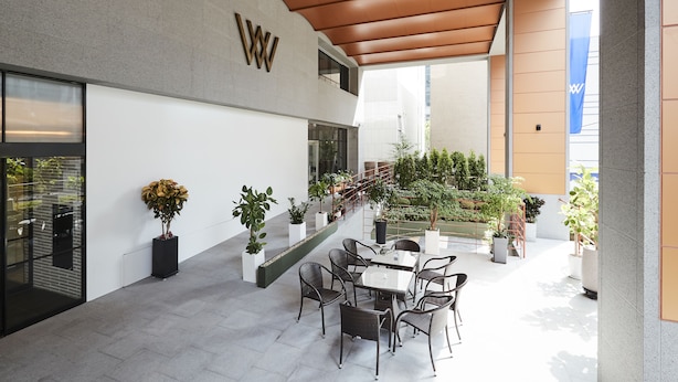 An outdoor patio area with a table and chairs, surrounded by potted plants and a view of the building's exterior. - Hotel Newv (Seoul)