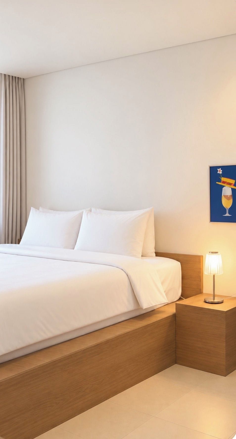 Une chambre d’hôtel avec un lit, une table de chevet avec une lampe et une œuvre d’art accrochée au mur.