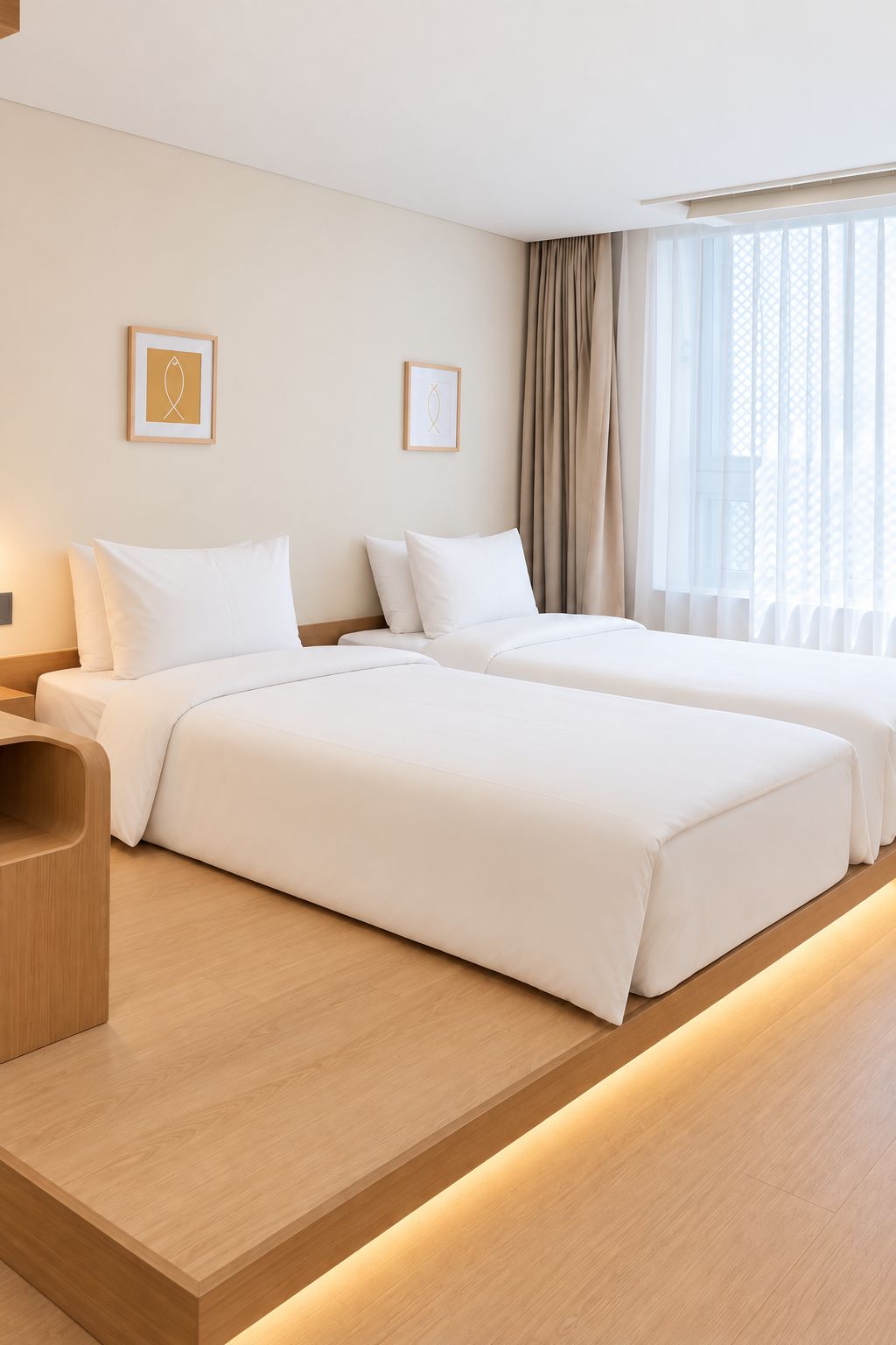 Habitación de hotel con dos camas, una mesita de noche de madera y un amplio ventanal con cortinas.