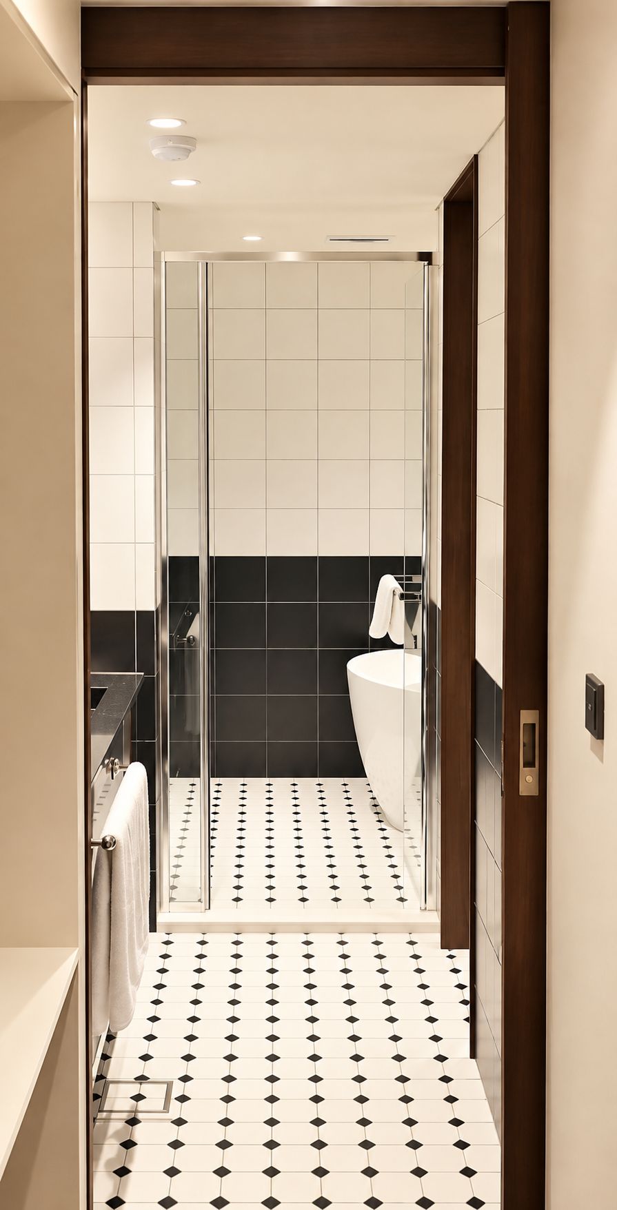 Un baño moderno con cabina de ducha de vidrio, un lavabo blanco y un piso con estampado blanco y negro.