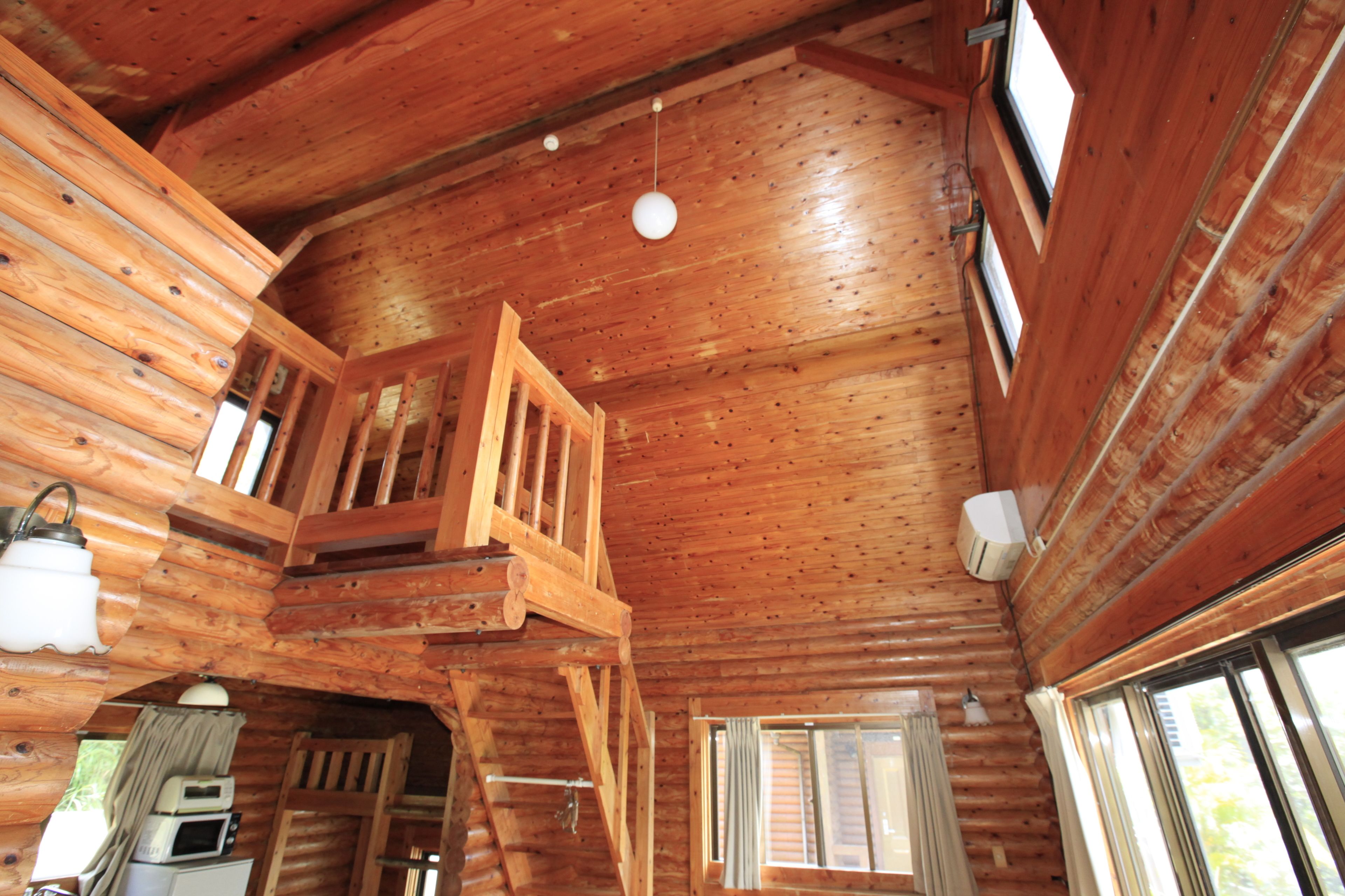 A cabin interior with wooden walls, a loft bedroom with a wooden ladder, a kitchen area, and a large window providing natural light.