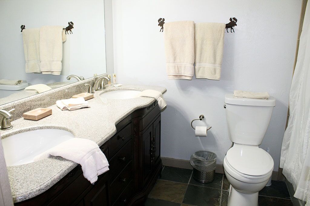 Een badkamer met een wastafel met dubbele wasbak, een toilet en twee handdoeken aan de muur.