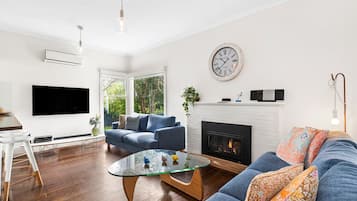 Smart TV, fireplace, DVD player, books