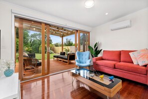 Smart TV, fireplace, DVD player, books