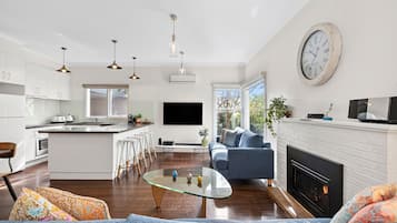 Smart TV, fireplace, DVD player, books