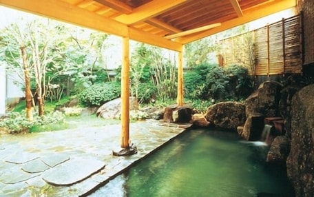 A covered outdoor area with a stone pathway leading to a water feature surrounded by rocks and greenery.