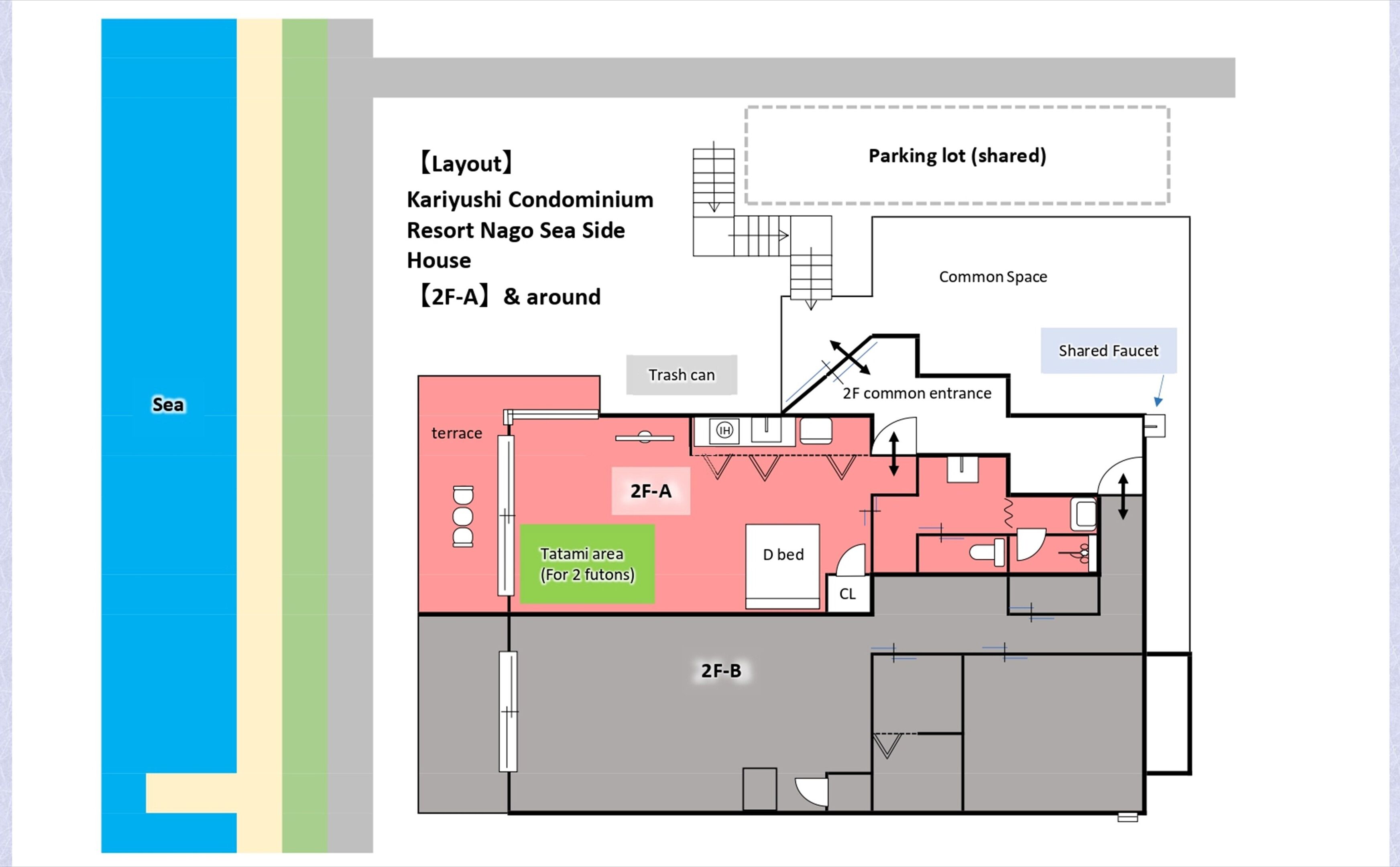 Grundplan af et 2F-A værelse med terrasse, tatamimåtte, dobbeltseng, CL og et fælles område med fælles indgang og vandhane.