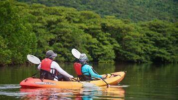 Dos personas hacen kayak en un río tranquilo rodeado de abundante vegetación.