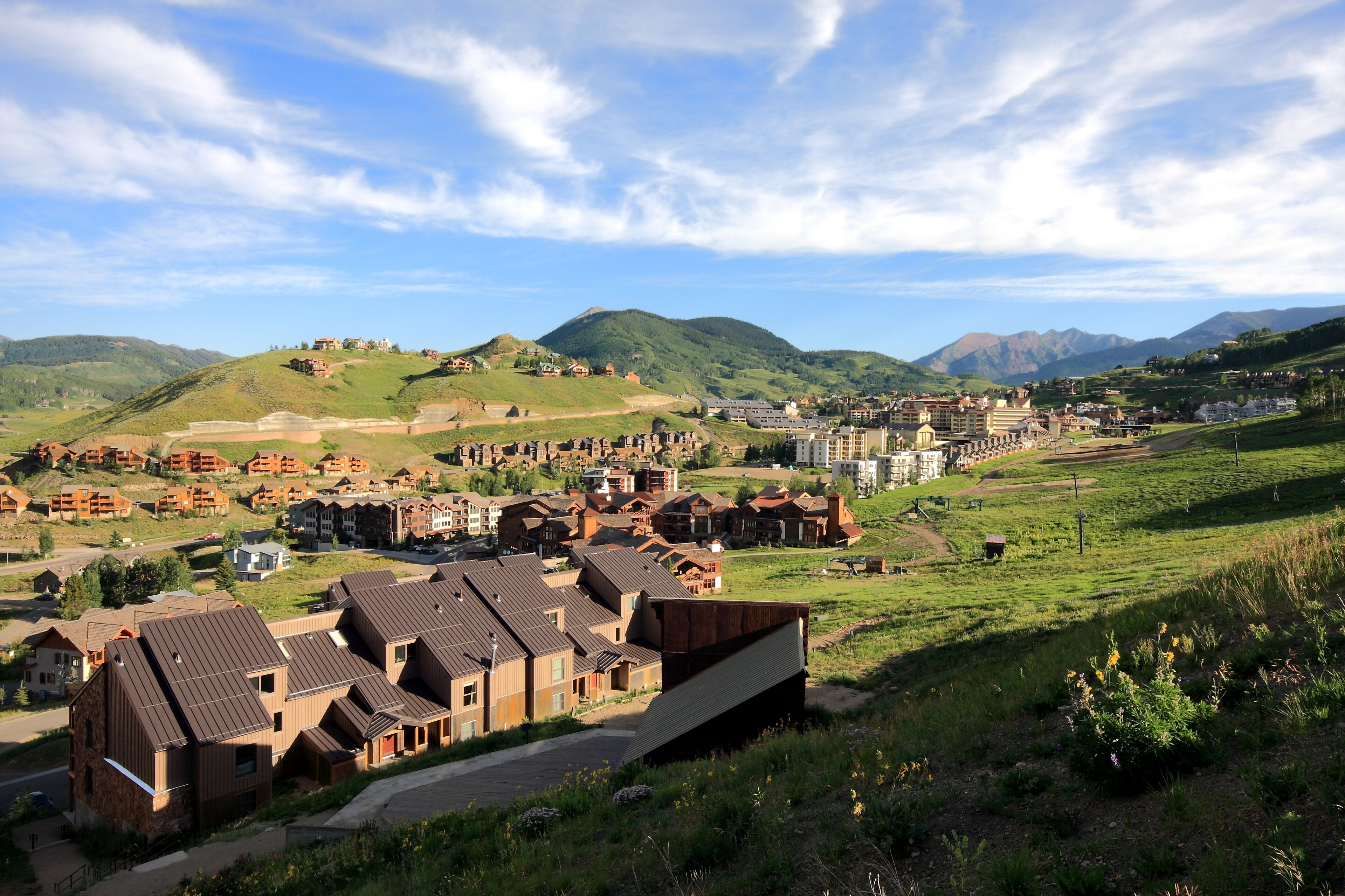 A residential area with houses and a large building with a sloped roof.