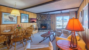 Un salon chaleureux avec une cheminée, des meubles en bois et une vue sur les montagnes.