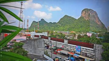 A cityscape with a prominent mountain in the background, a busy street with vehicles, and various buildings including a large commercial structure with a red roof.