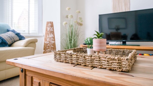 A living room with a wooden coffee table, a television, a couch, and decorative plants.
