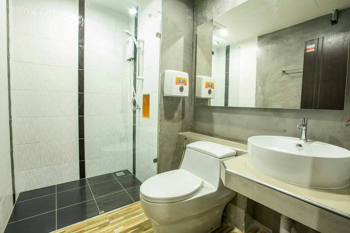 shower, free toiletries, hair dryer, towels