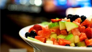 A bowl of mixed fruit salad with watermelon, melon, and berries. - TIH The Norling Camp - Pangong (Leh)