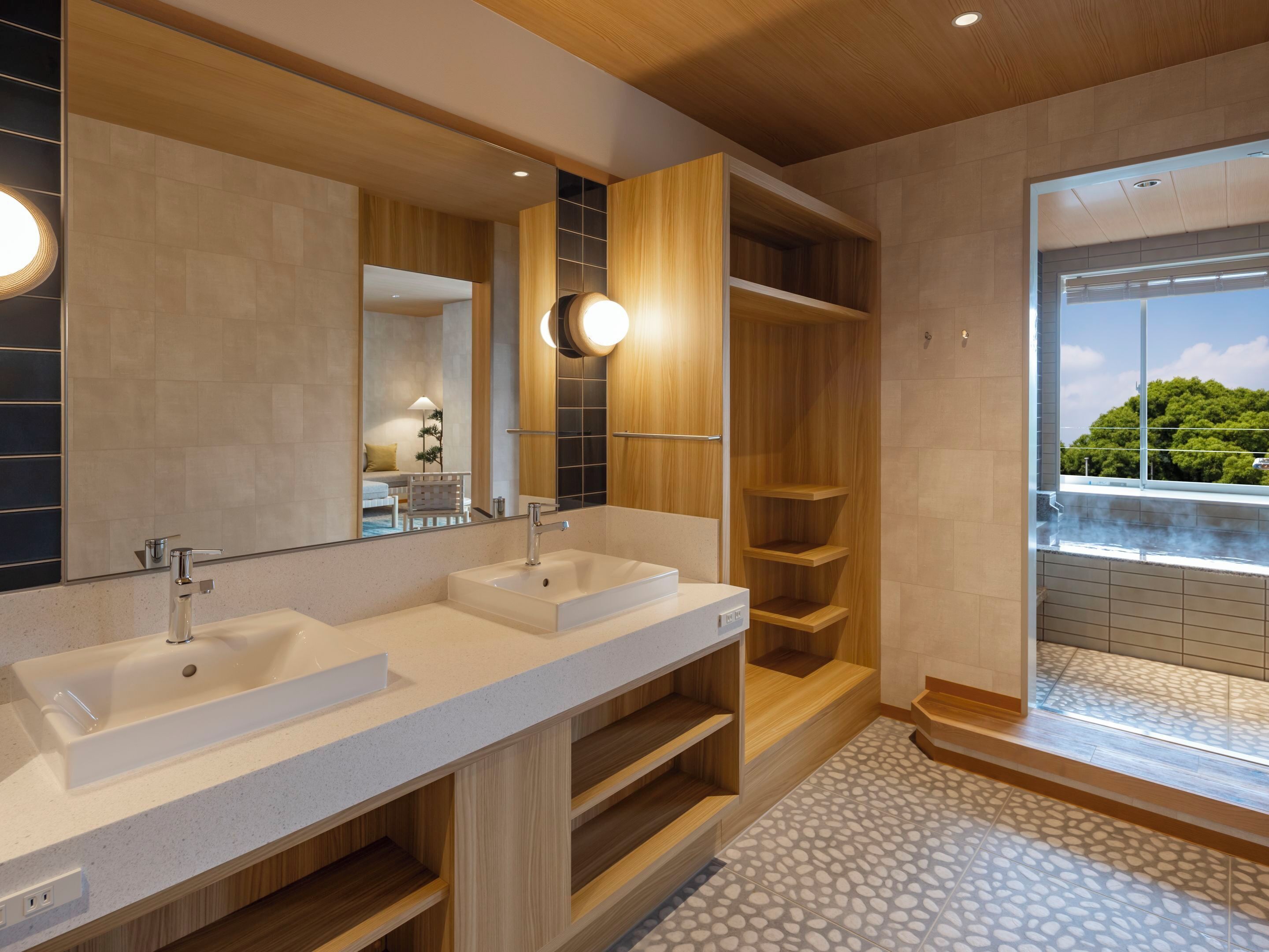 A modern bathroom with two sinks, wooden shelving, a large mirror, and a shower area with a view.
