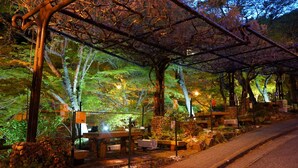 A covered outdoor seating area with tables and benches, surrounded by trees and greenery. - Sanage Onsen Hotel Kinsenkaku (Toyota)