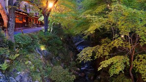 A traditional Japanese building with a stone pathway leading to a small waterfall. - Sanage Onsen Hotel Kinsenkaku (Toyota)